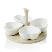 Brandani Servirni krožnik - 4 skledice za omake leseni podstavek 20xh12,5cm srce / porcelan