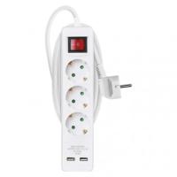 Podaljšek 2 m / 3 vtičnice / s stikalom / beli / PVC / z USB / 1,5 mm2