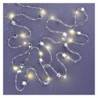 LED božična veriga srebrna – zvezdice, 1,9 m, 2x AA, notranji, topla bela, časovnik